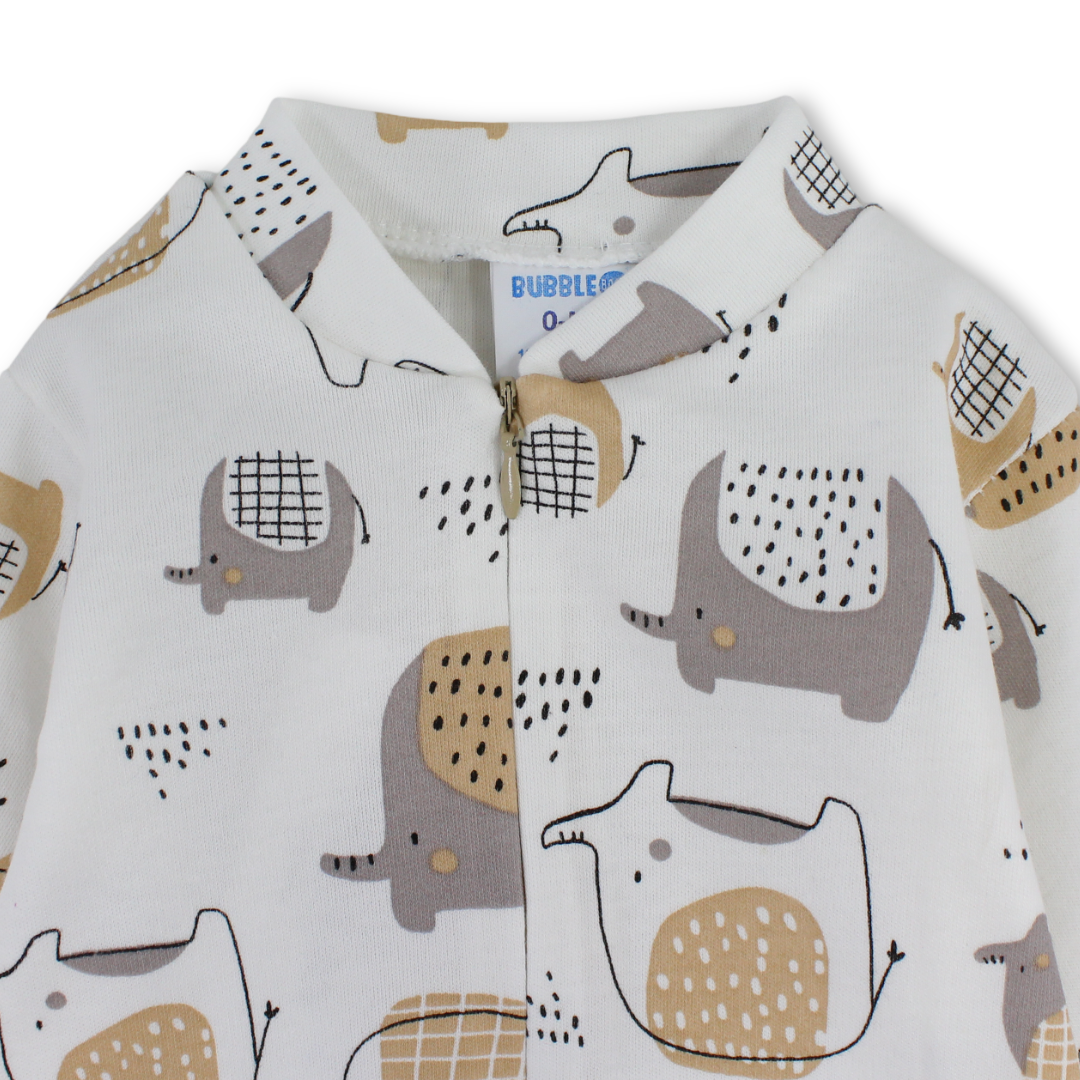 Baby Boys Cotton Baby Footie – Off-White with Elephants Print