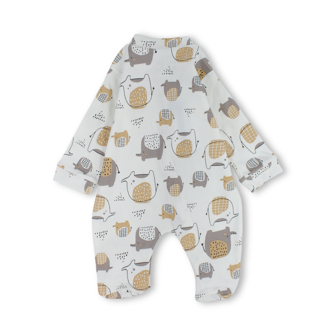 Baby Boys Cotton Baby Footie – Off-White with Elephants Print