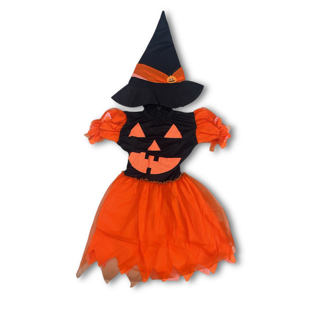 Girls Pumpkin Witch Costume Dress Set – Black & Orange
