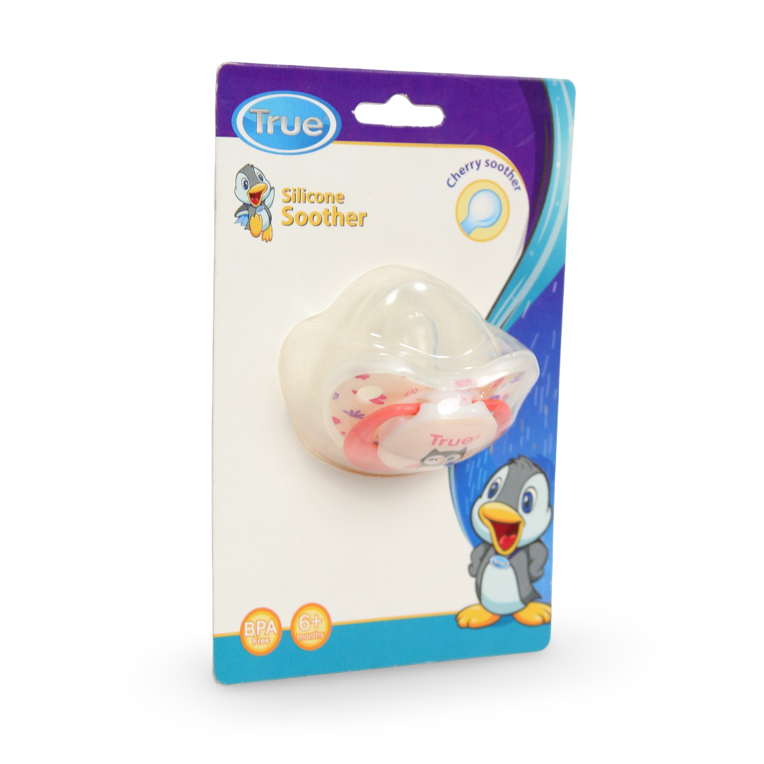 True Silicone Cherry Soother +6m – Pink with Owl Print - Baby Essentials