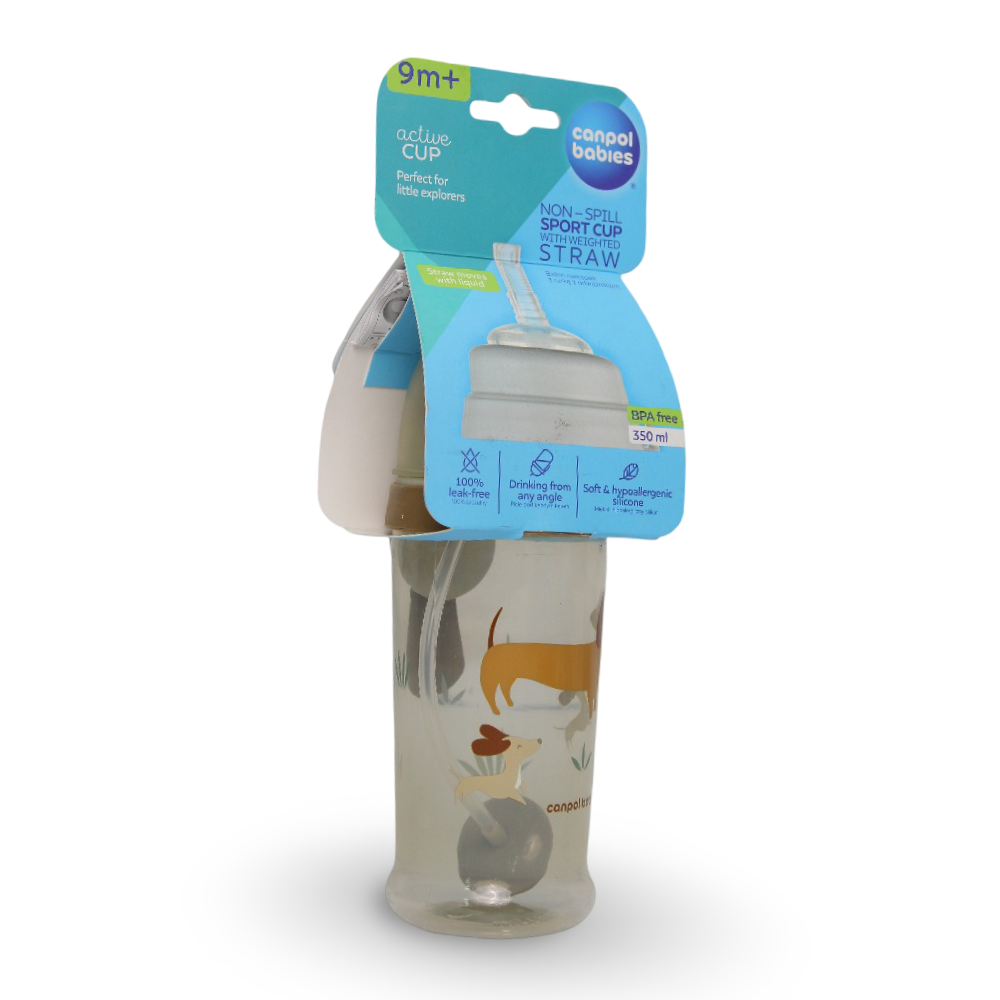 Canpol Babies Non-Spill Sport Cup with Weighted Straw – Beige with Dogs Design - Baby Essentials