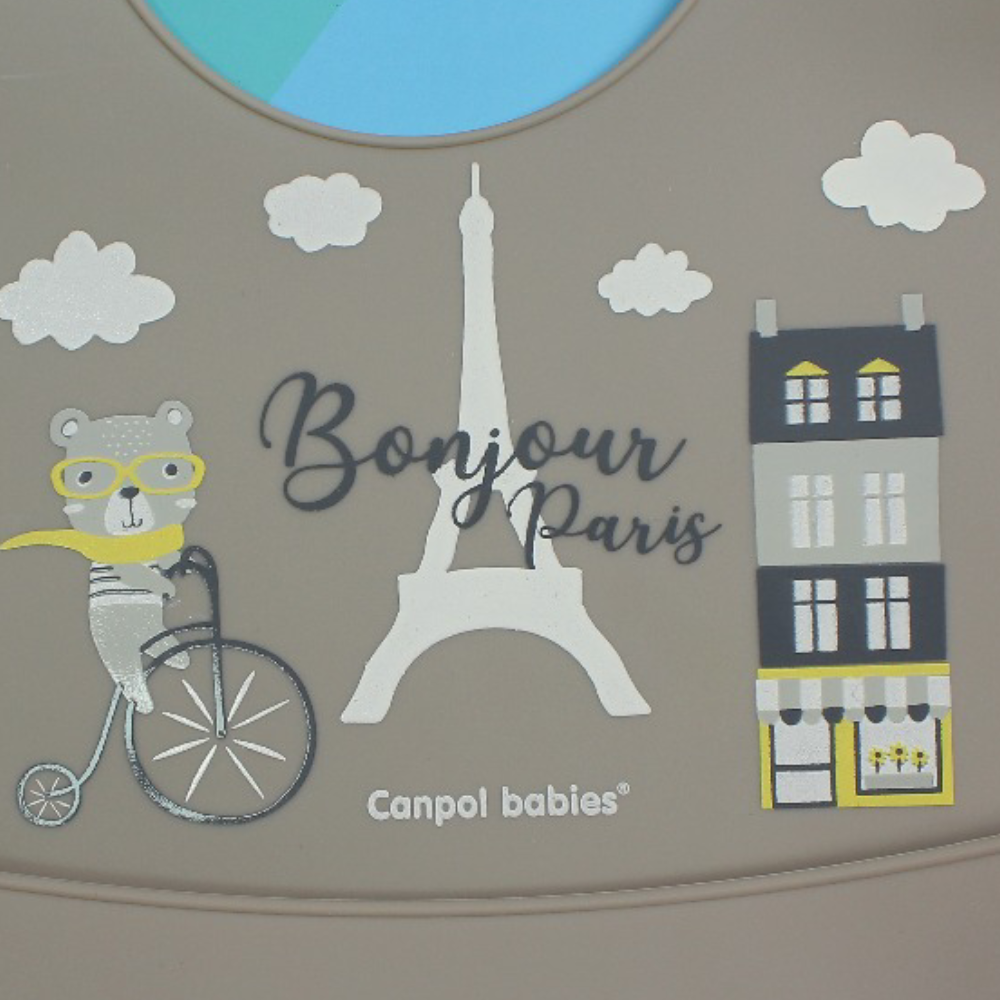 Canpol Babies Silicone Bib with Pocket - Grey with Bonjour Paris Print
