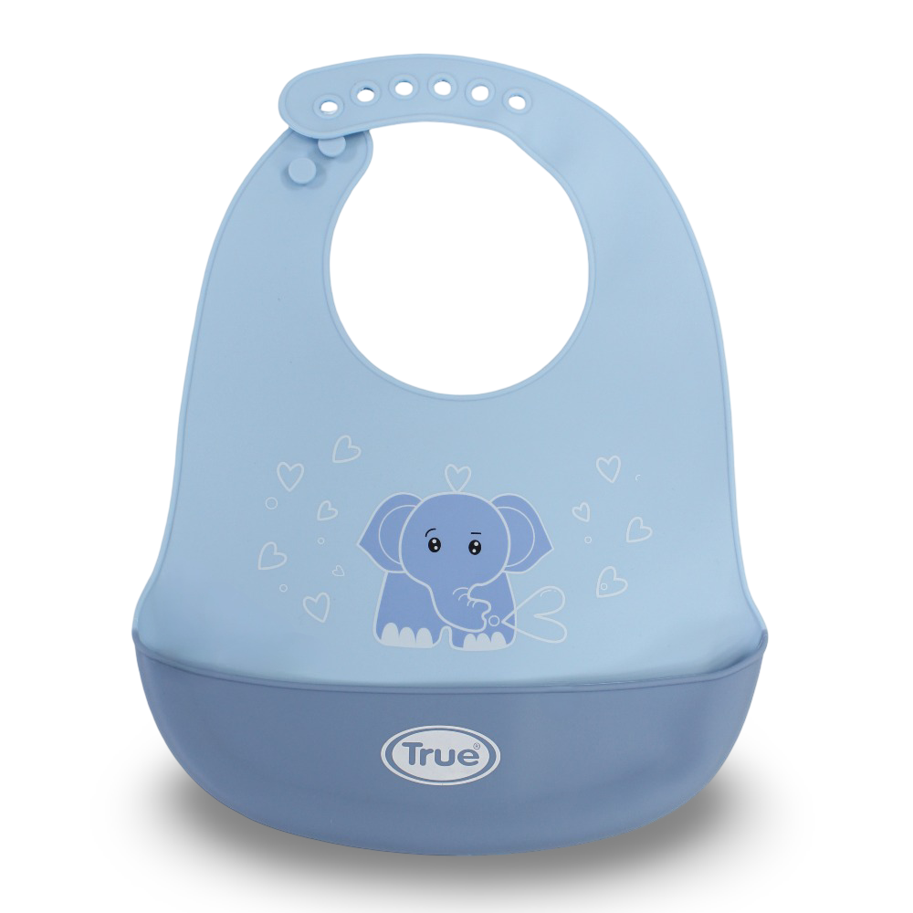 True Gold Silicone Baby Bib with Food Catcher Pocket – Blue with Elephant Design
