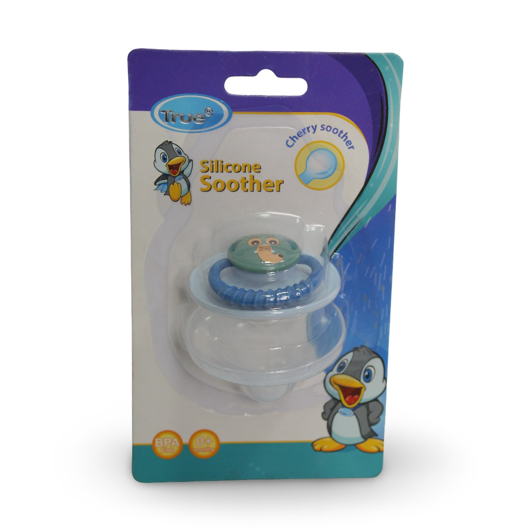 Silicone Cherry Soother +0m – Baby Blue with Elephant Print - Baby Essentials - True