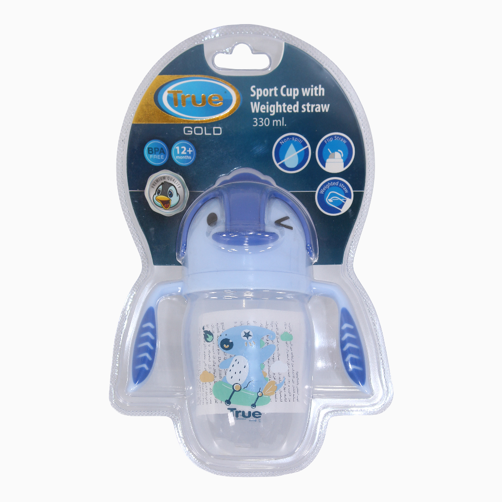 True Gold Sport Cup Weighted Straw – Baby Blue with Penguin Print 12m+