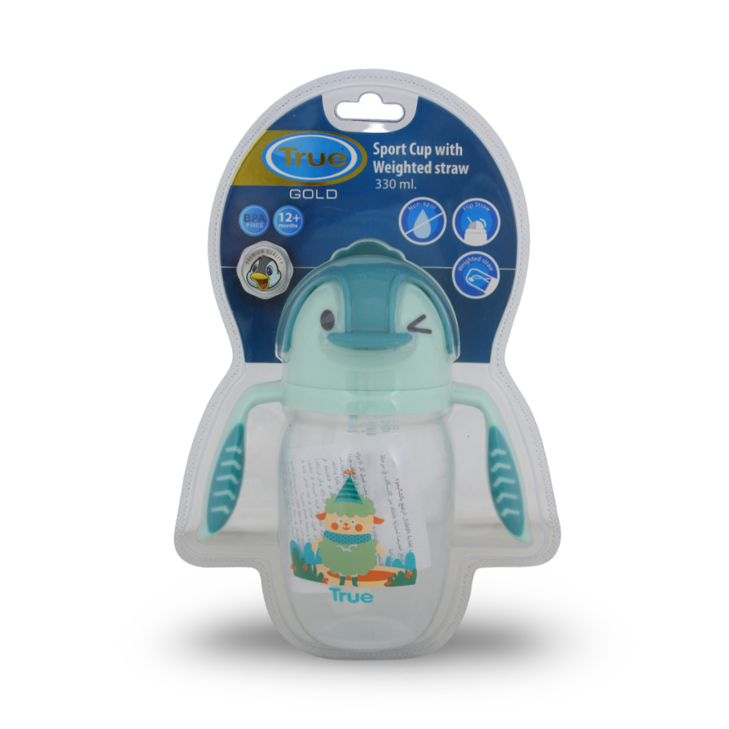 True Gold Sport Cup Weighted Straw – Aqua with Penguin Print 12m+