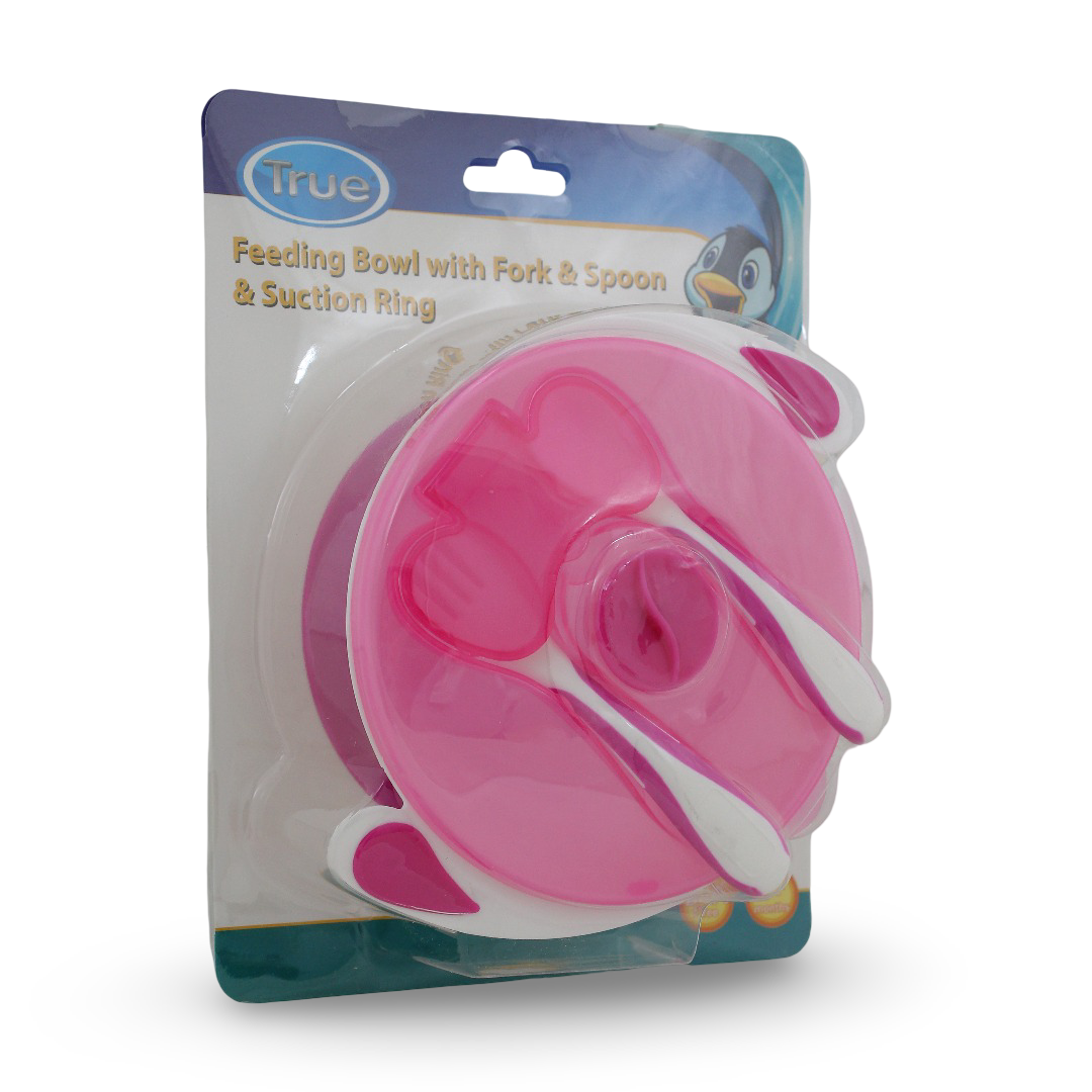 True Feeding Bowl with Fork & Spoon & Suction Ring – Fuchsia