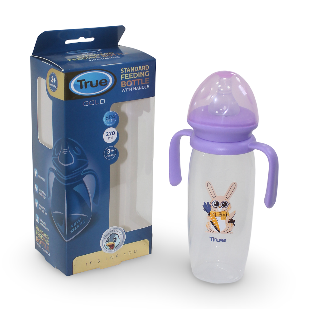 True Gold Series Standard Feeding Bottle with Handles 3m+ 270ml – Purple - Baby Essentials