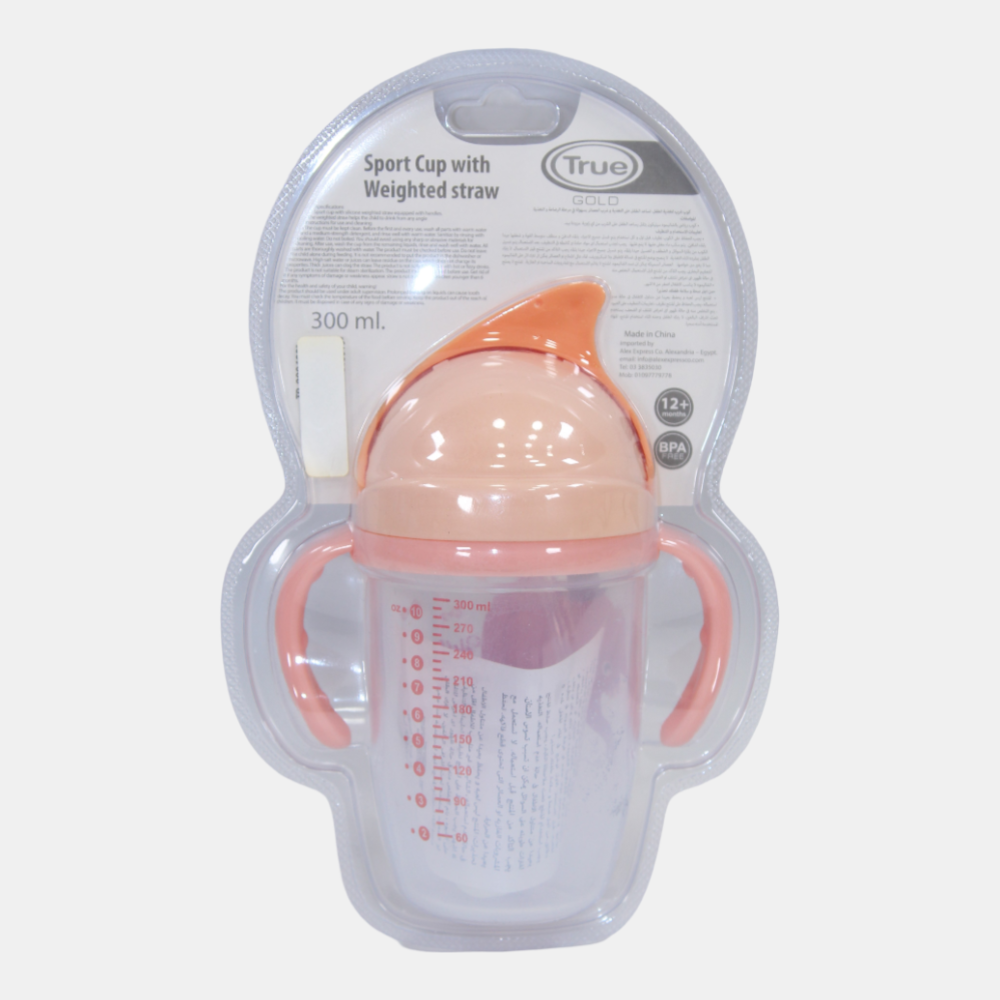 True Gold Sport Cup with Weighted Straw – 300ml with Pink Elephant Design (12+ months)
