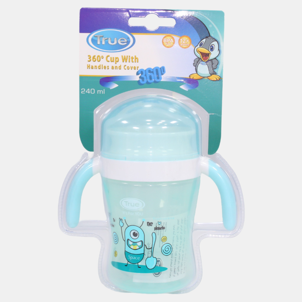 True 360° Training Cup with Handles & Cover – 240ml (12+ months) – Aqua