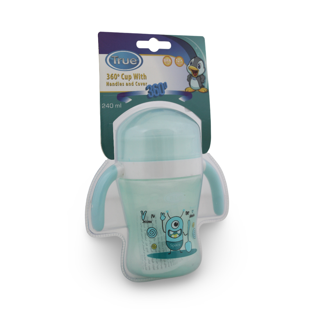 True 360° Training Cup with Handles & Cover – 240ml (12+ months) – Aqua