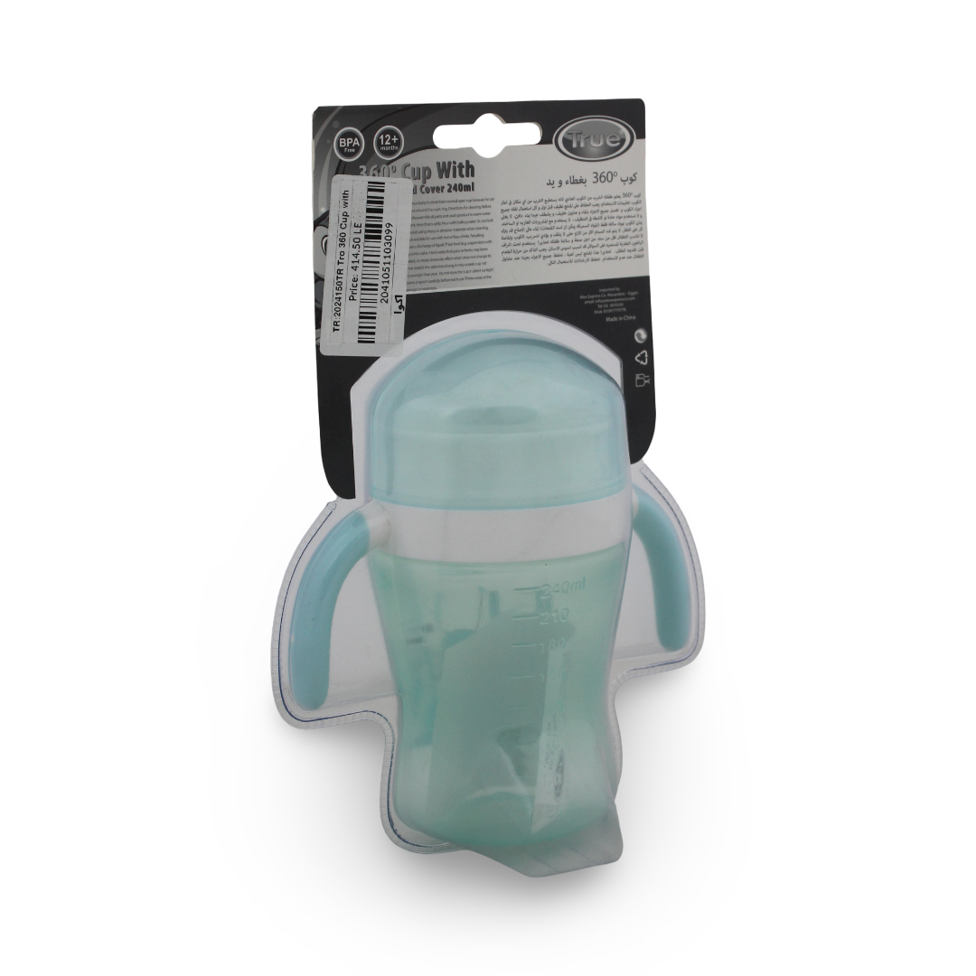 True 360° Training Cup with Handles & Cover – 240ml (12+ months) – Aqua