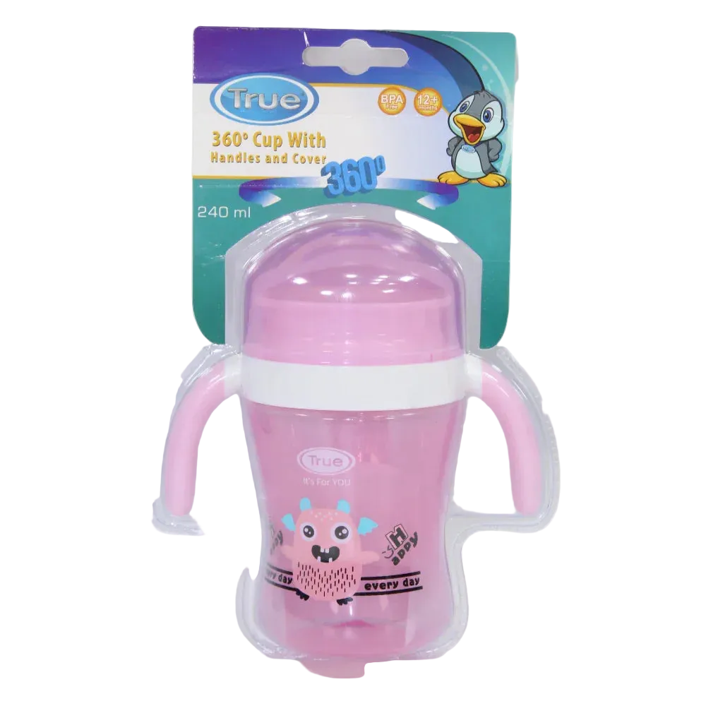 True 360° Training Cup with Handles & Cover 12+ months – 240ml (Pink) - Baby Essentials