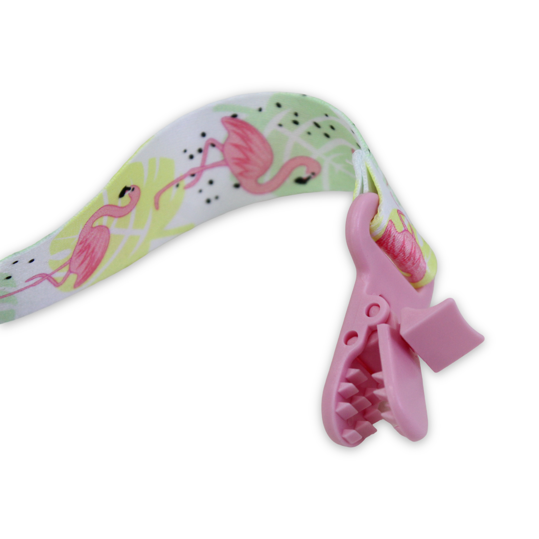 True Pacifier Clip Strap – Pink with Flamingo Print