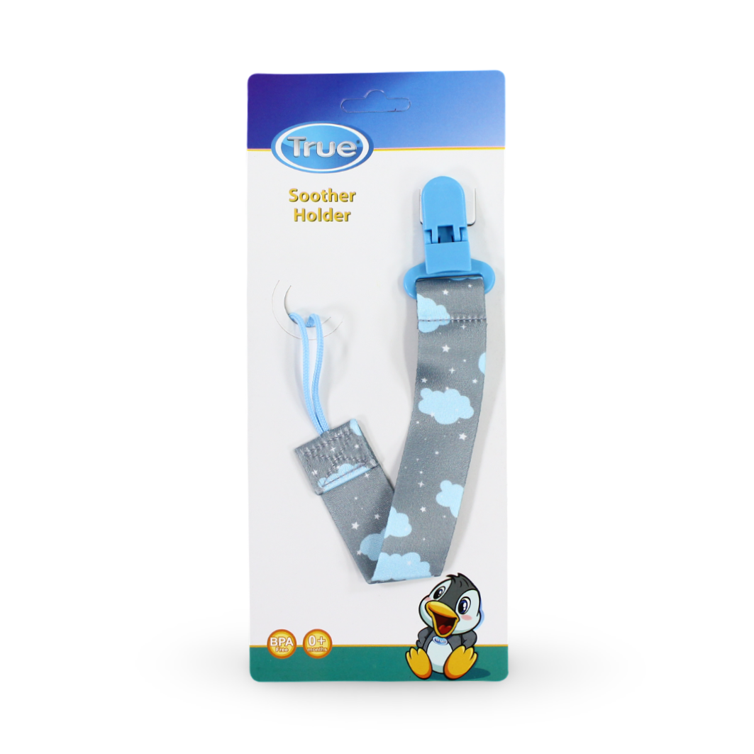 True Pacifier Clip Strap – Baby Blue with Clouds Print
