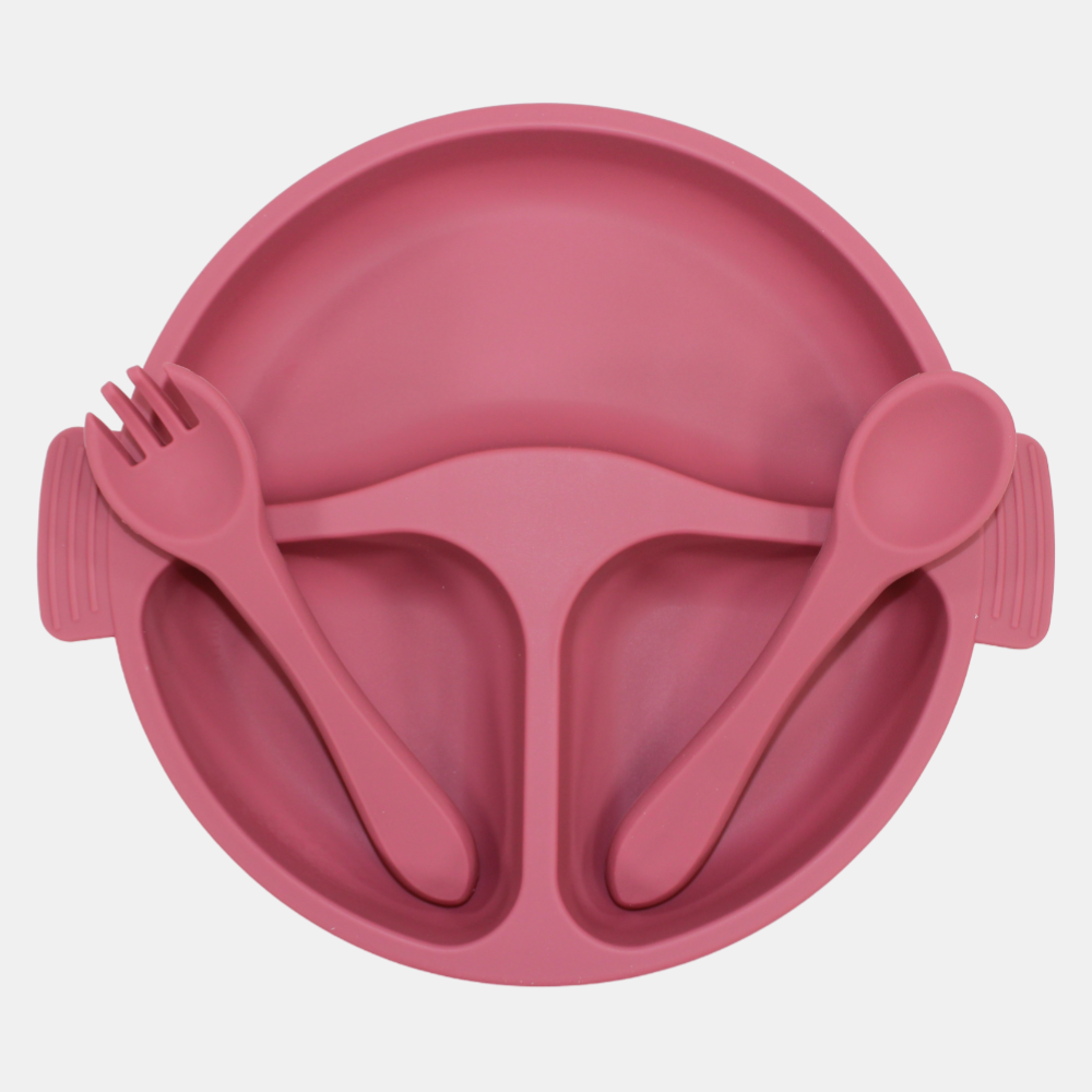 True Gold Silicone Feeding Set – Plate, Fork & Spoon – Pink