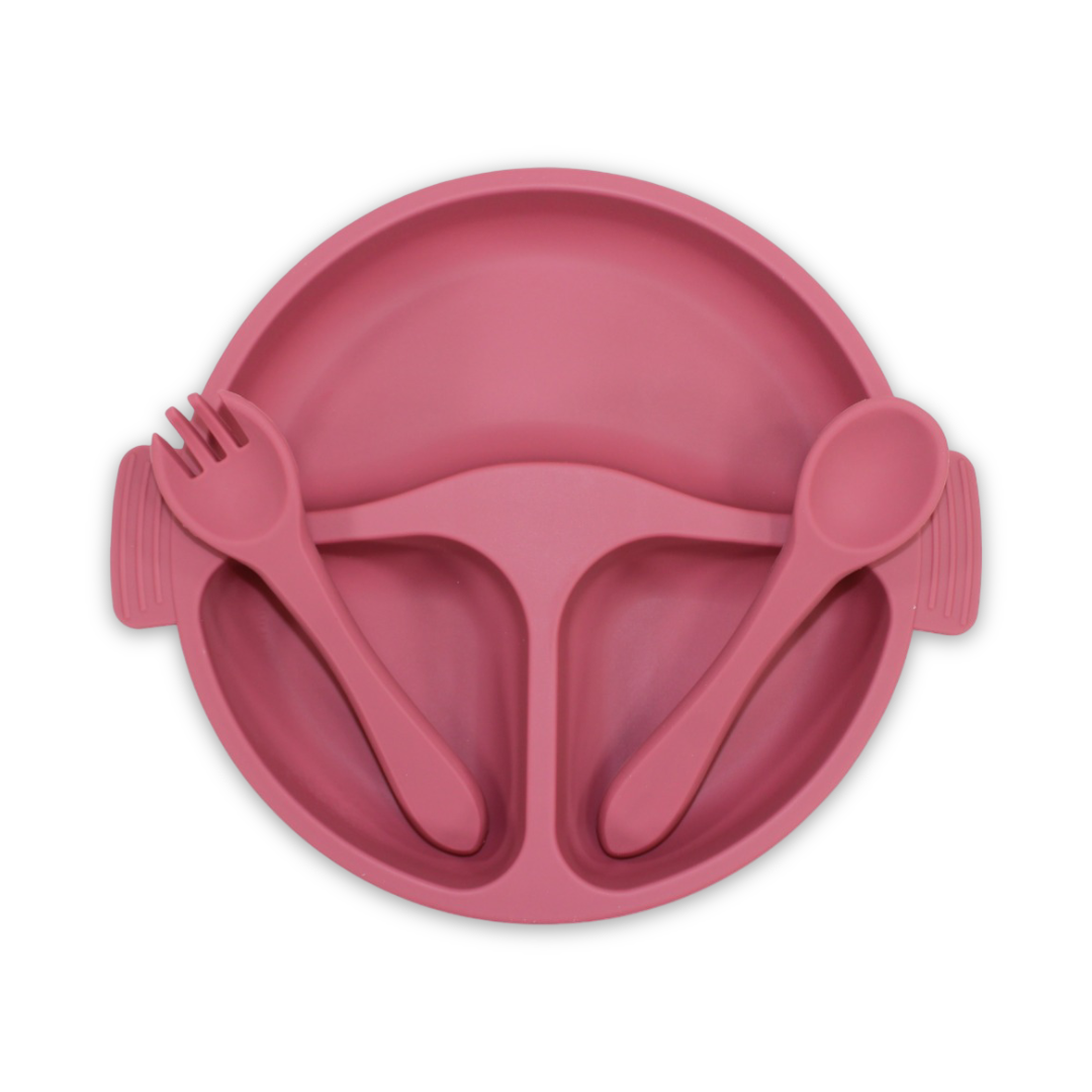 True Gold Silicone Feeding Set – Plate, Fork & Spoon – Pink