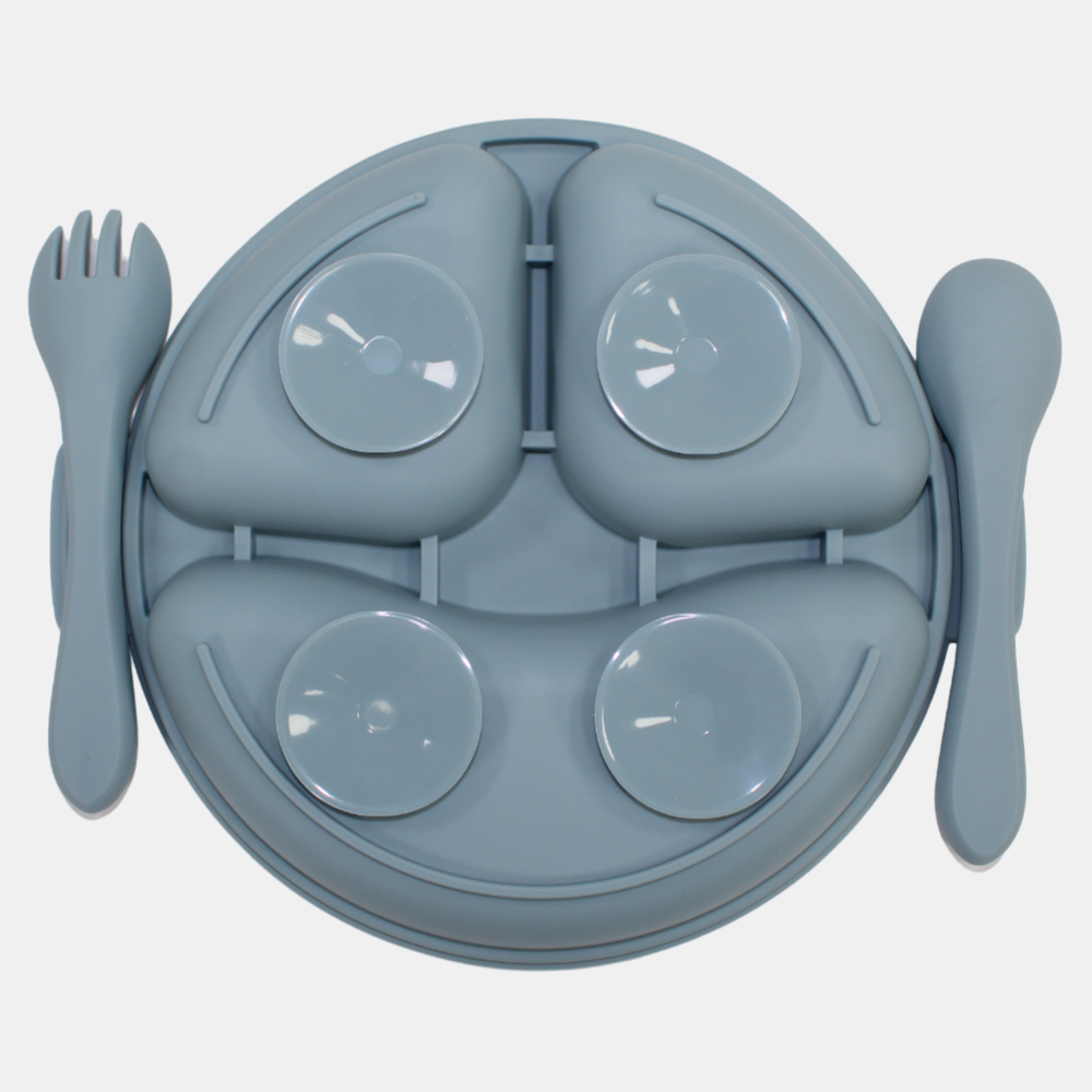 True Gold Silicone Feeding Set – Plate, Fork & Spoon – Grey