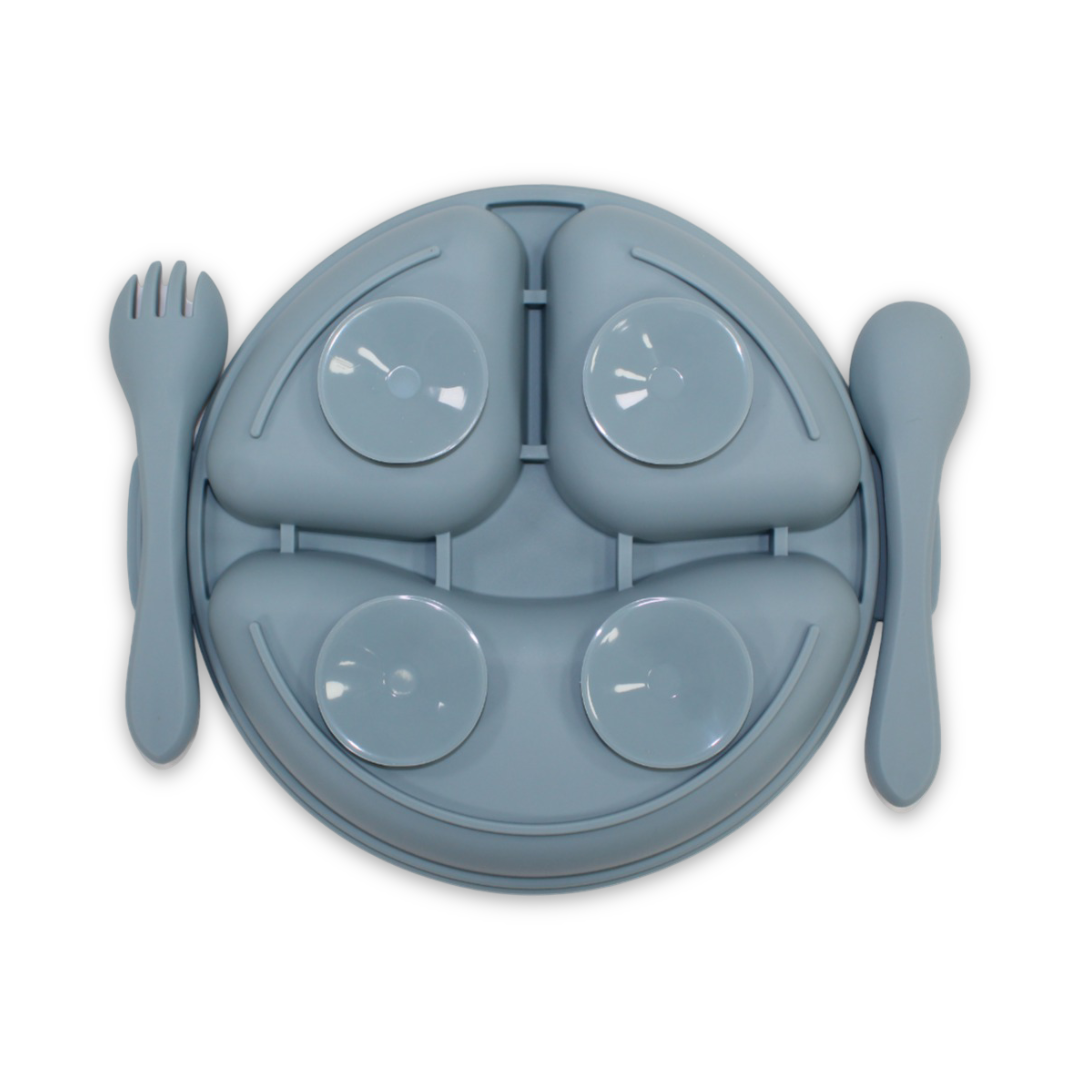 True Gold Silicone Feeding Set – Plate, Fork & Spoon – Grey