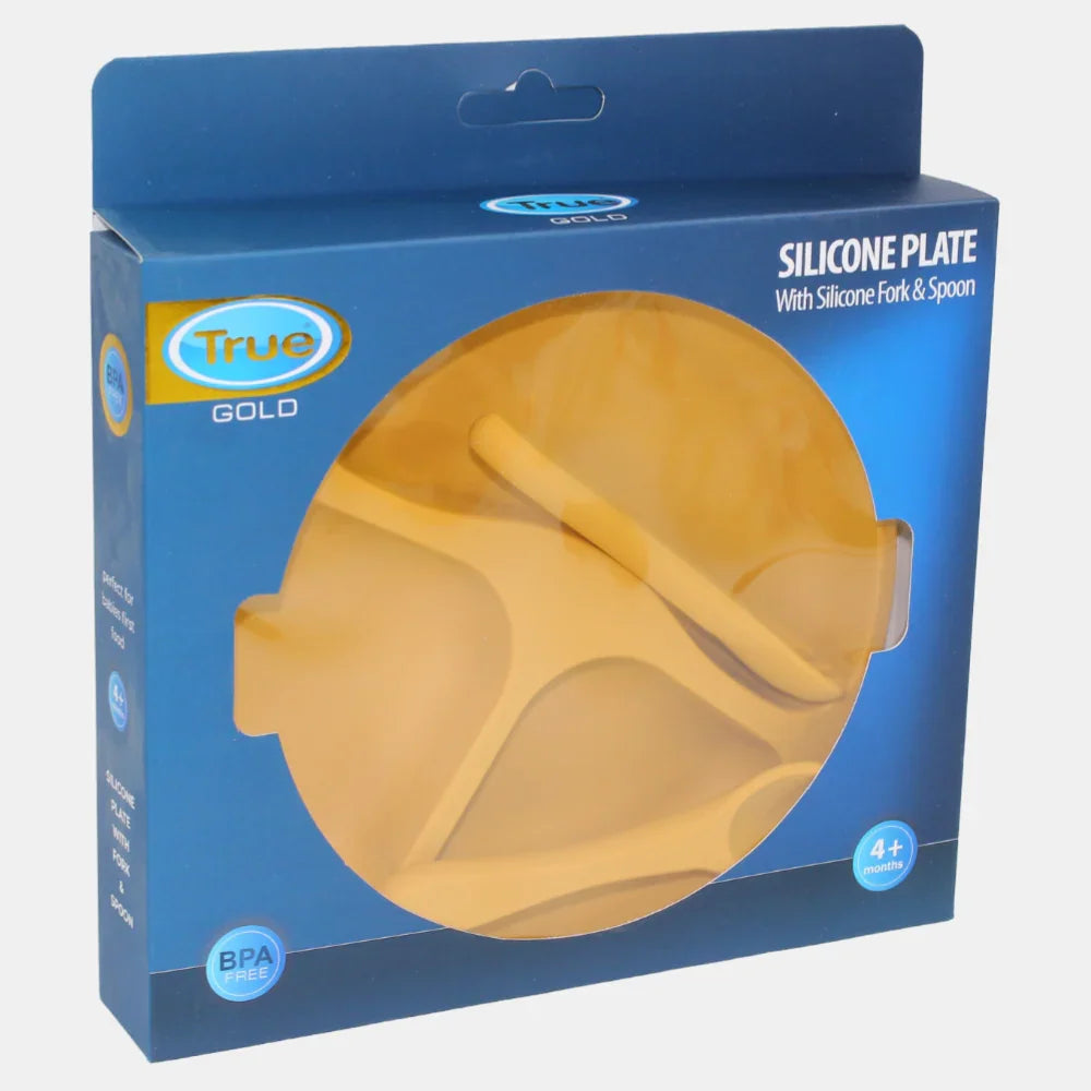 True Gold Silicone Feeding Set – Plate, Fork & Spoon – Yellow - Baby Essentials