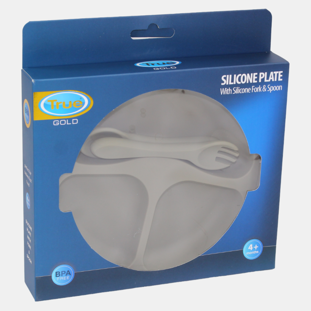 True Gold Silicone Feeding Set – Plate, Fork & Spoon – Olive Green