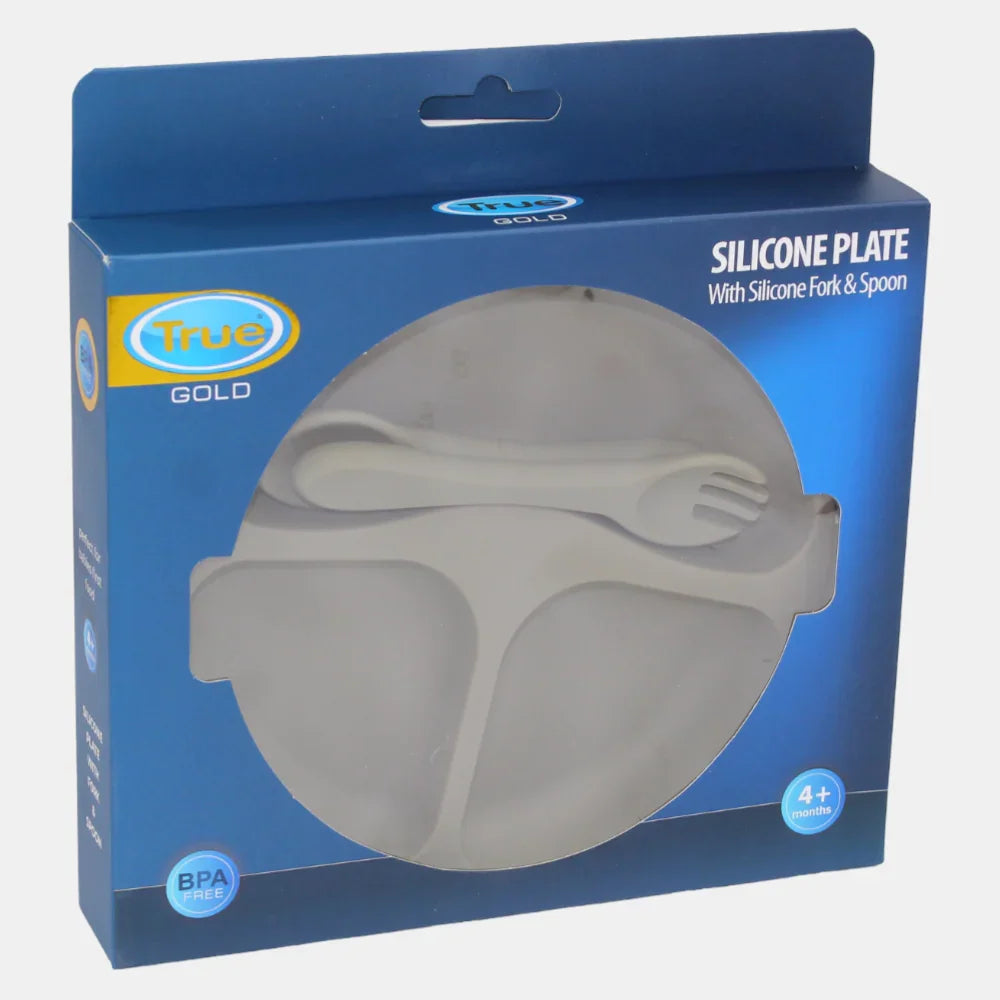 True Gold Silicone Feeding Set – Plate, Fork & Spoon – Olive Green - Baby Essentials