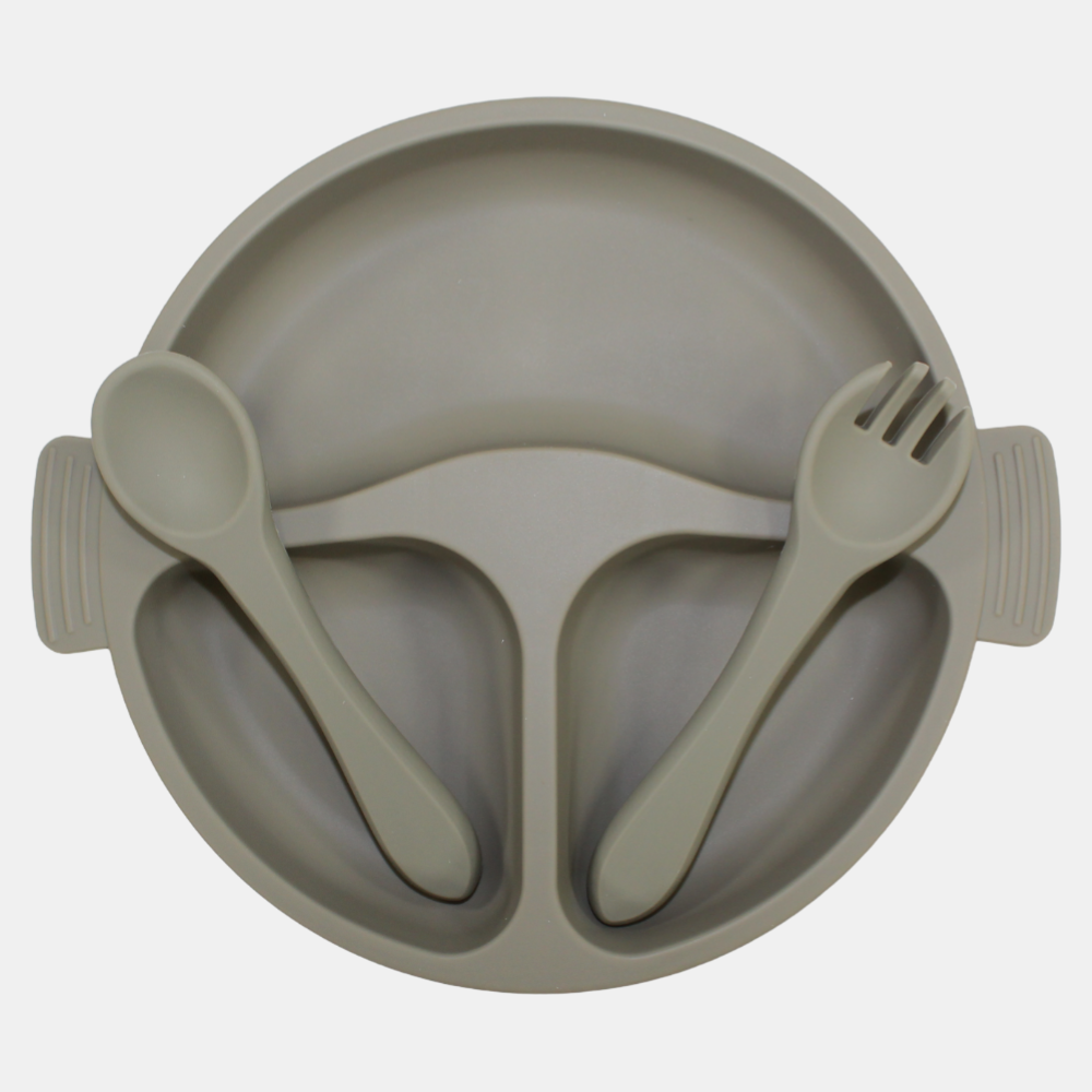 True Gold Silicone Feeding Set – Plate, Fork & Spoon – Olive Green