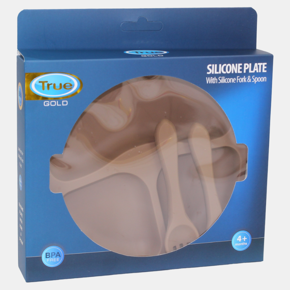 True Gold Silicone Feeding Set – Plate, Fork & Spoon – Brown
