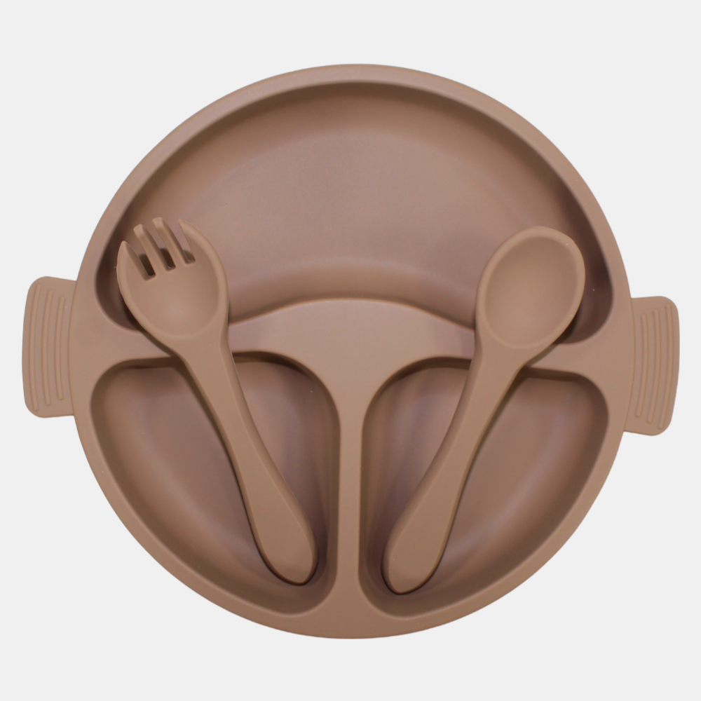 True Gold Silicone Feeding Set – Plate, Fork & Spoon – Brown