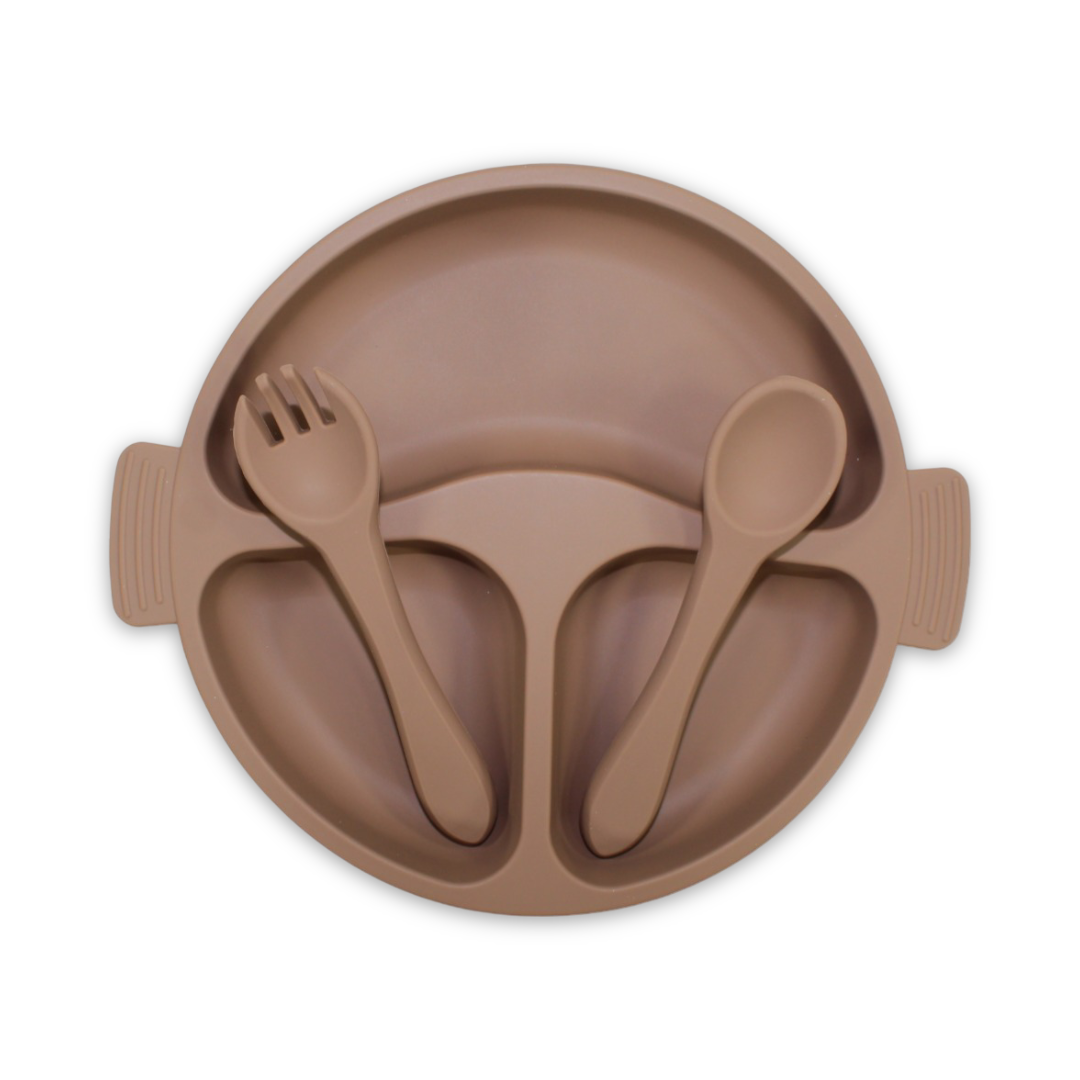 True Gold Silicone Feeding Set – Plate, Fork & Spoon – Brown - Baby Essentials