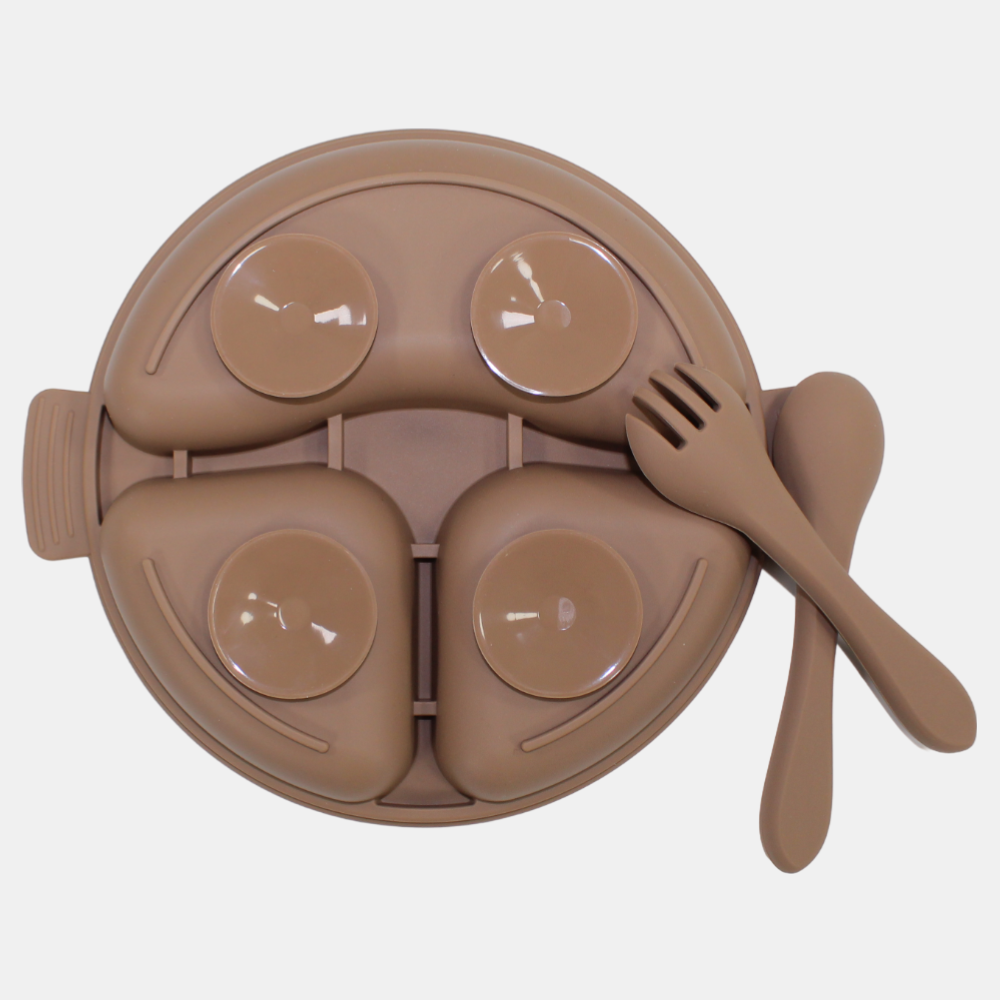 True Gold Silicone Feeding Set – Plate, Fork & Spoon – Brown