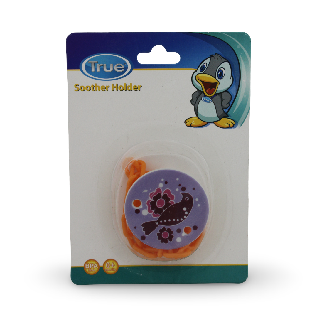 True Soother Holder – Orange with Bird Print - Baby Essentials
