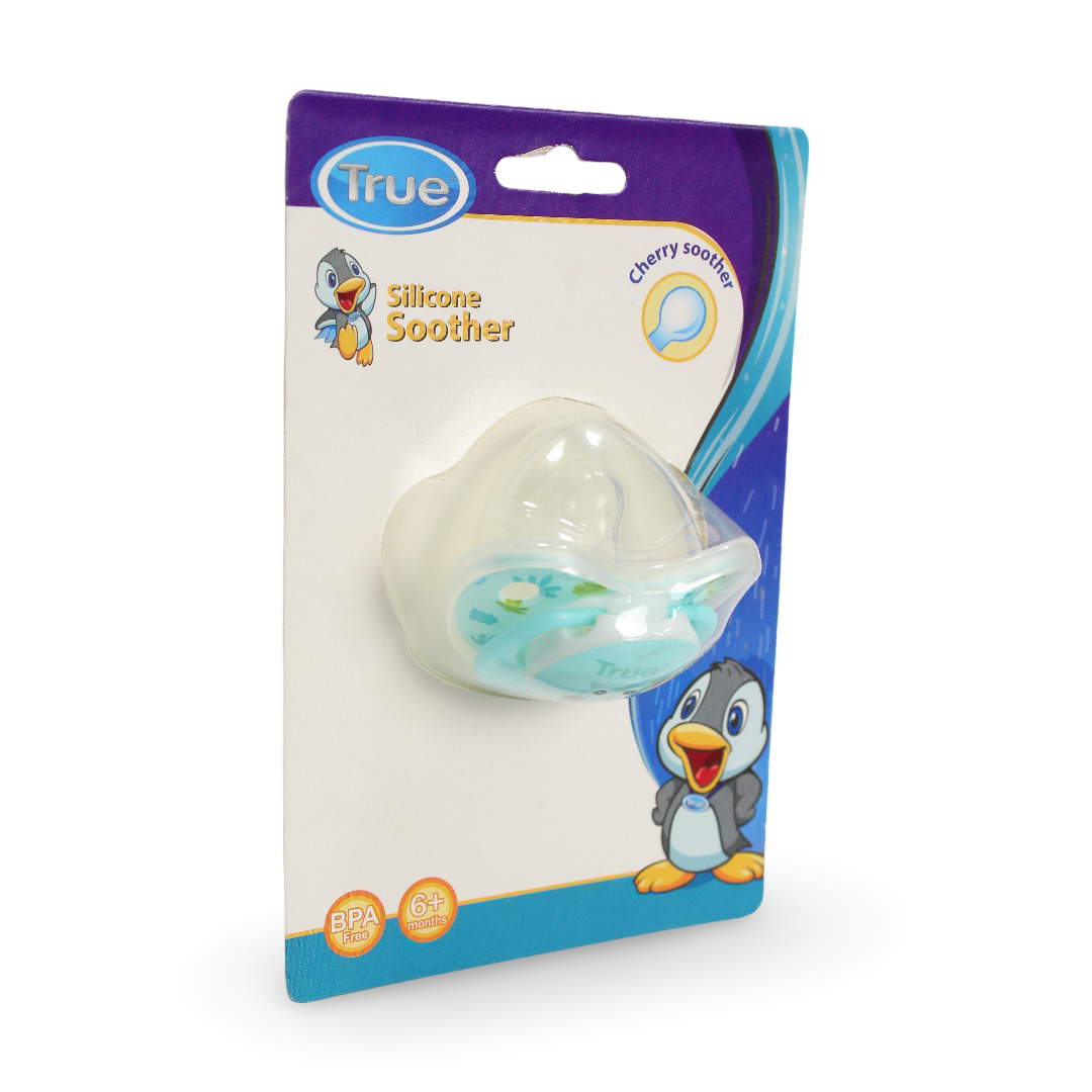 True Cherry Silicone Soother +6m – Aqua with Owl Print - Baby Essentials
