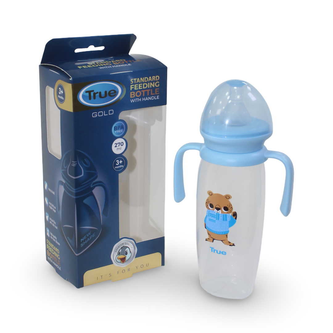 True Gold Standard Feeding Bottle with Handle 270ml 3m+ – Baby Blue - Baby Essentials