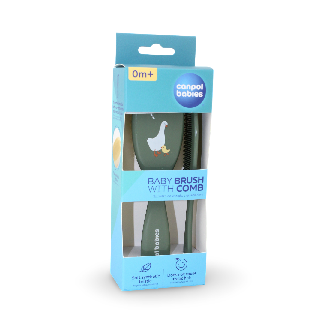 Canpol Babies Soft Hair Brush and Comb – Olive with Goose Print