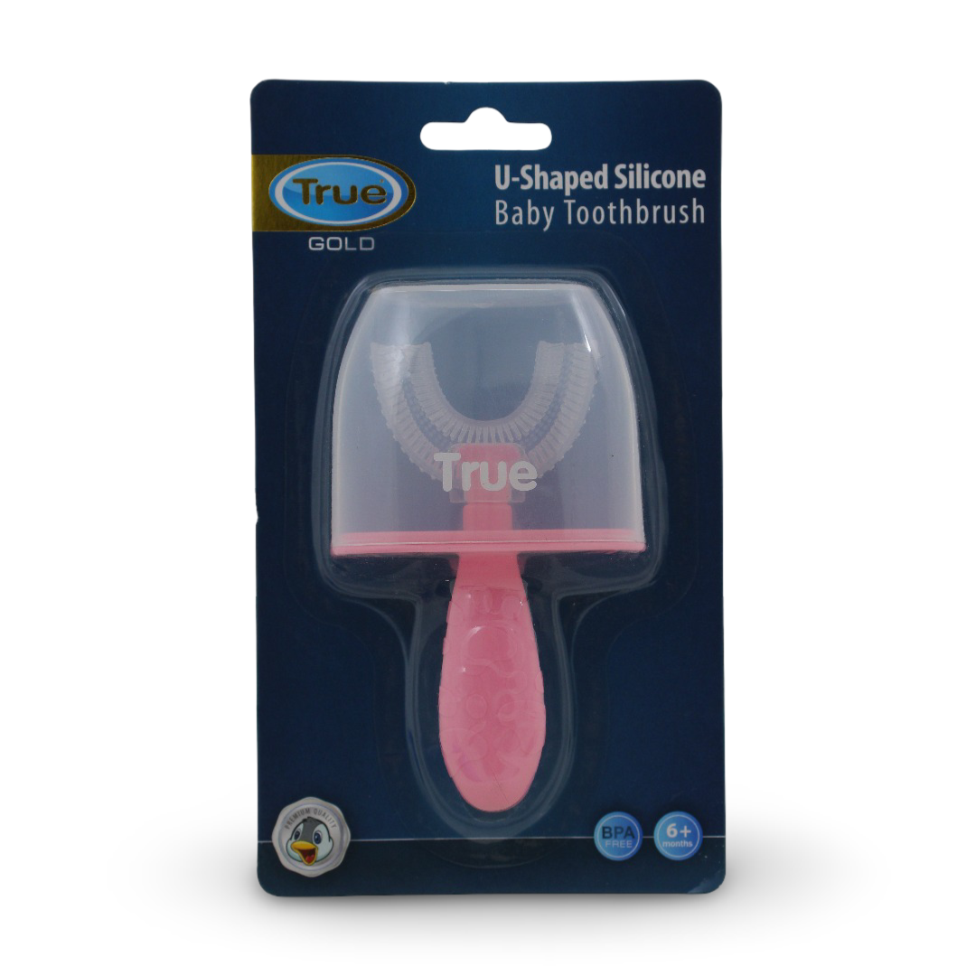 True Gold U-Shaped Silicone Baby Toothbrush – Pink - Baby Essentials