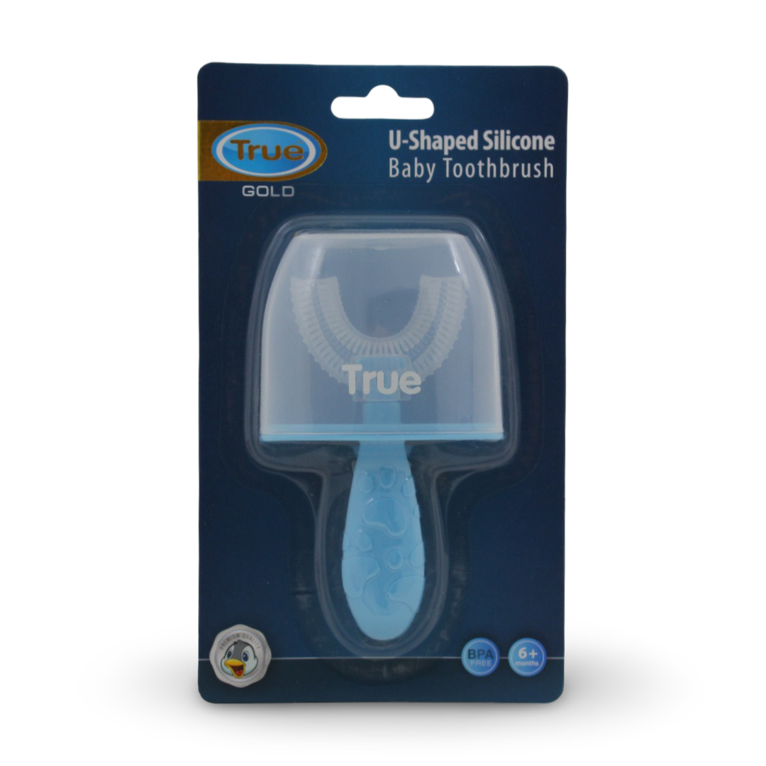 True Gold U-Shaped Silicone Baby Toothbrush – Baby Blue