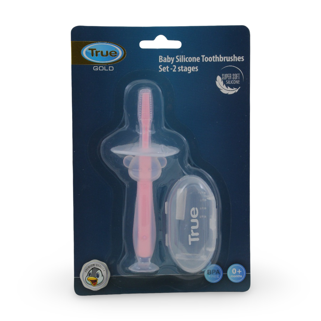 True Gold Baby Silicone Toothbrush 2-Stage Set – Pink