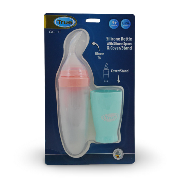 True Gold Silicone Feeding Bottle with Spoon – Aqua