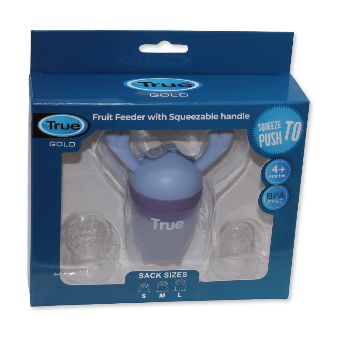 True Gold Fruit Feeder with Squeezable Handle – Baby Blue