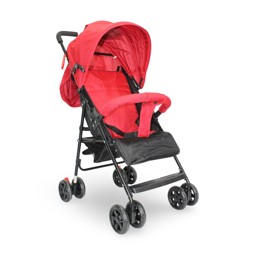 Baby Stroller with Adjustable Canopy and Storage Basket – Red