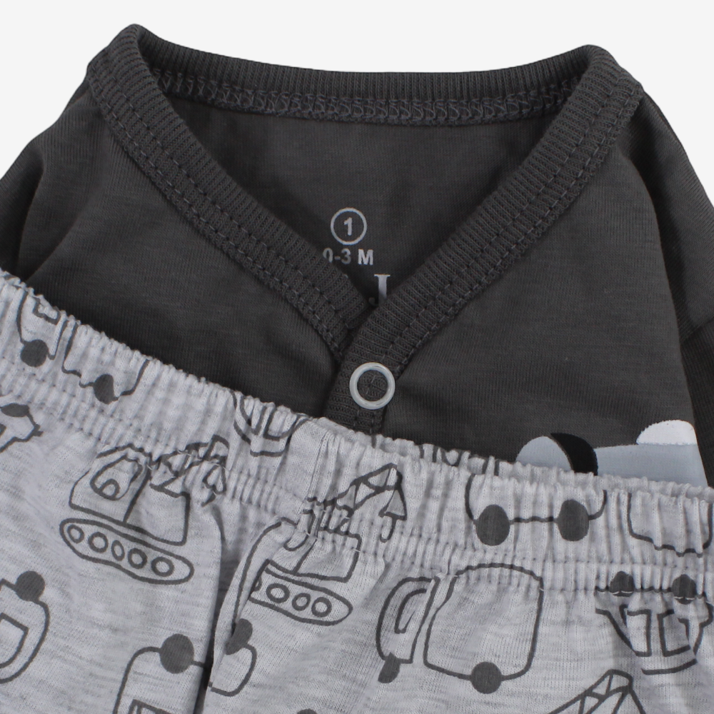 Baby Boys’ Cotton Pajama – Cars & Tools Print – Grey