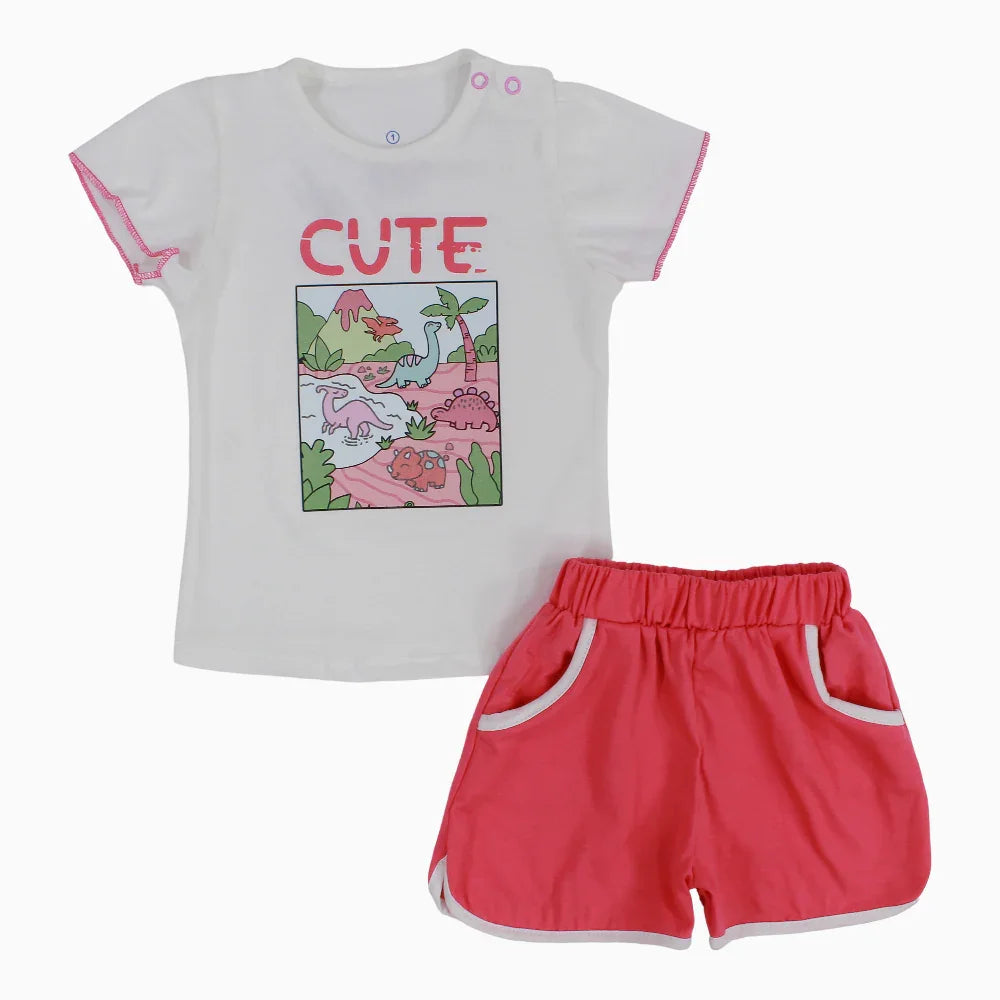 Baby Girls Cotton Pajama Set - Cute Dino Print