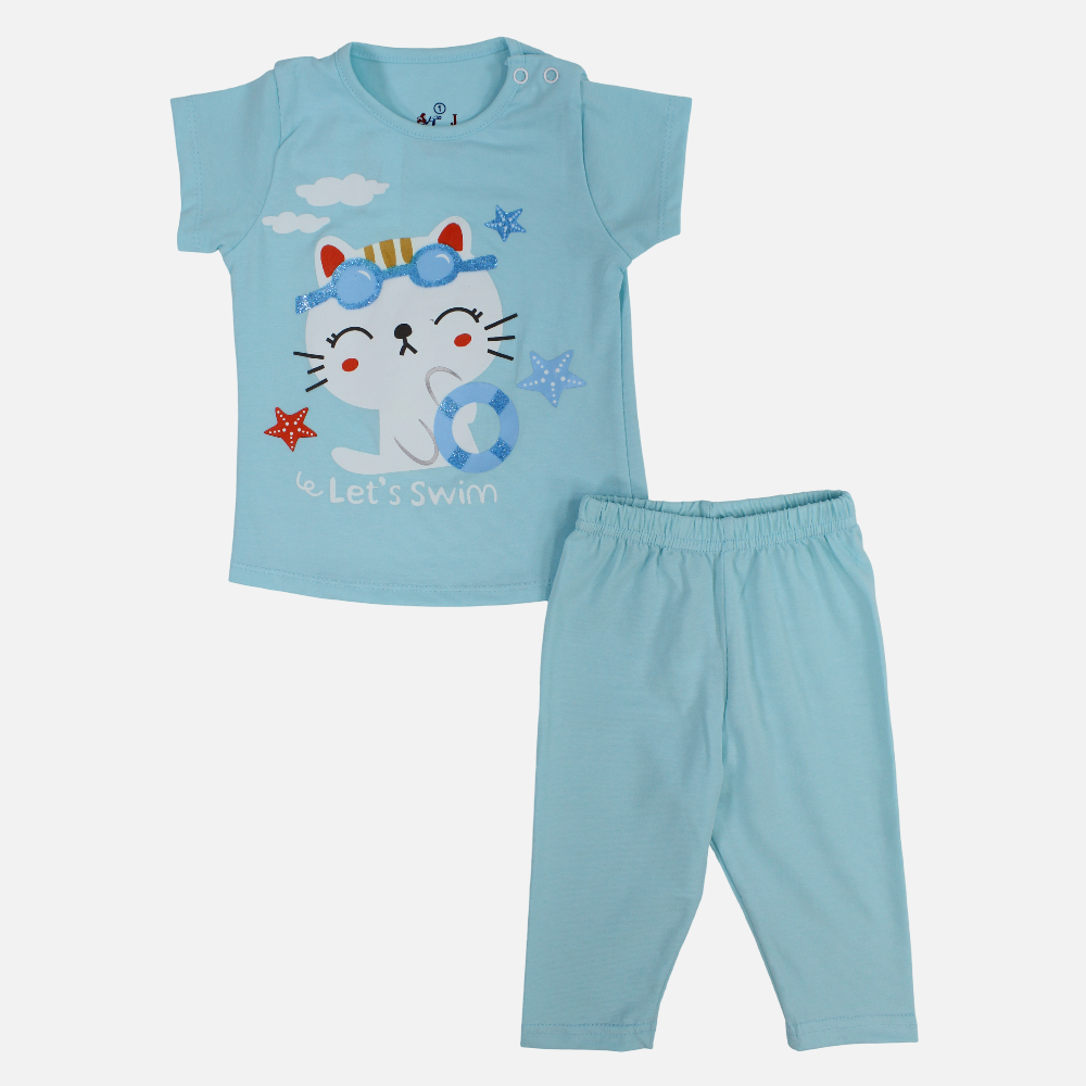 Baby Girls Cotton Pajama Set – Swimming Cat Print