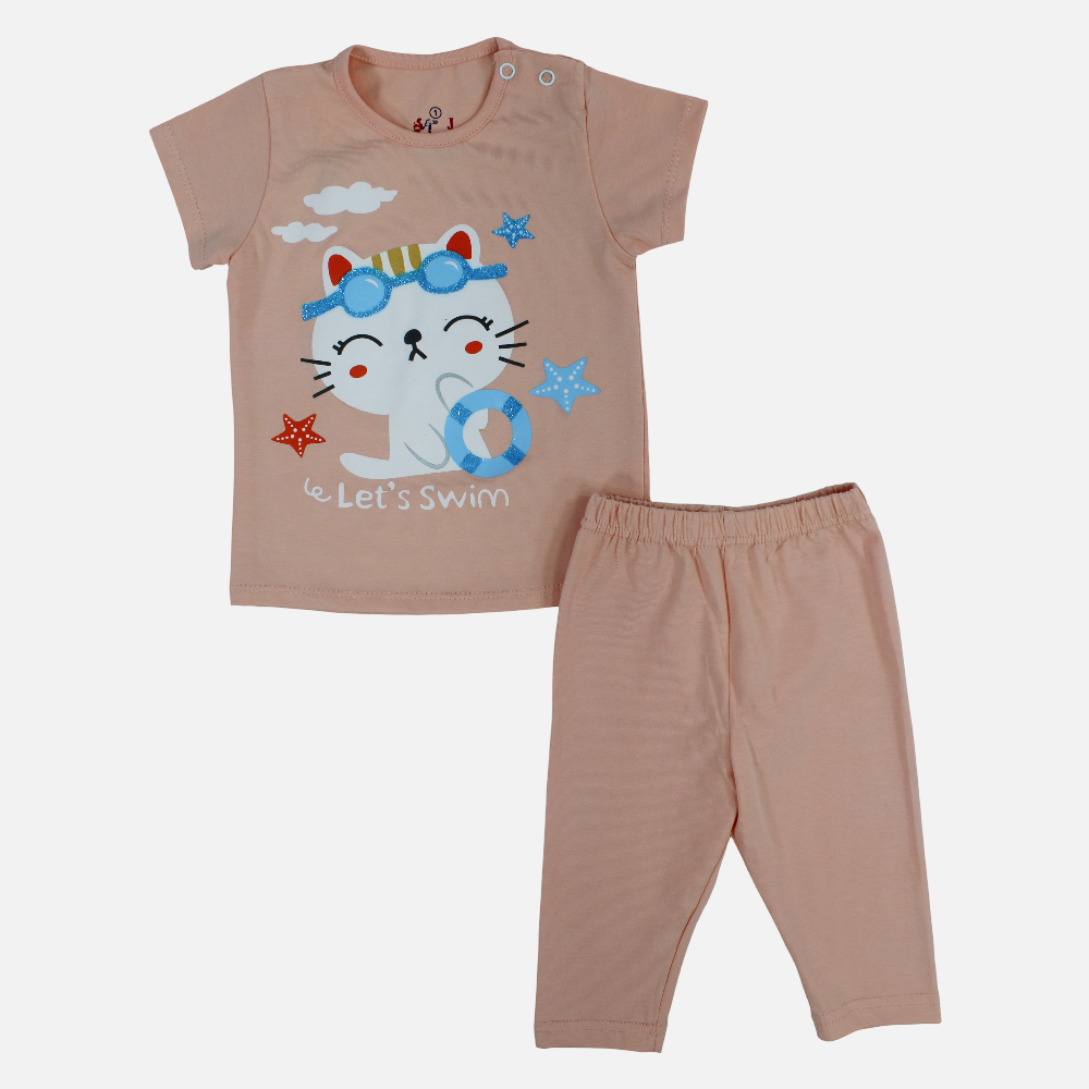Baby Girls Cotton Pajama Set – Swimming Cat Print