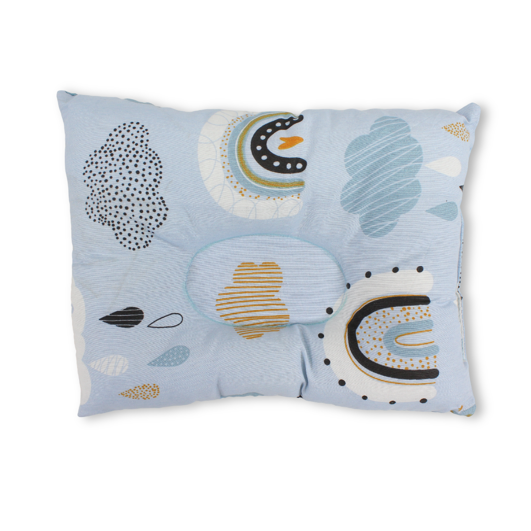 Cotton Baby Small Pillow – Baby Blue with Cloud & Rainbow Print