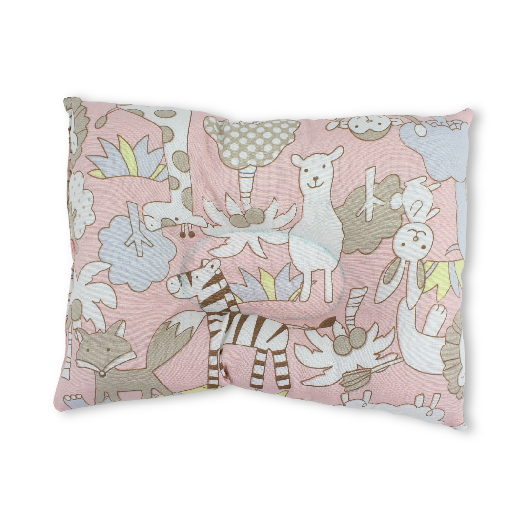 Cotton Baby Small Pillow – Pink with Animals & Trees Print
