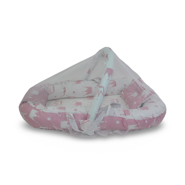 Cotton Baby Nest – Pink with Crown Print