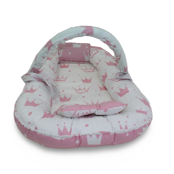 Cotton Baby Nest – Pink with Crown Print