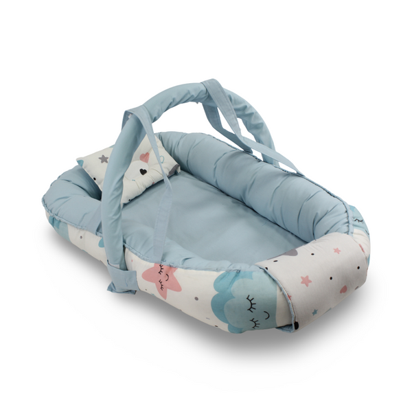 Cotton Baby Nest – Off-White & Baby Blue with Stars Print